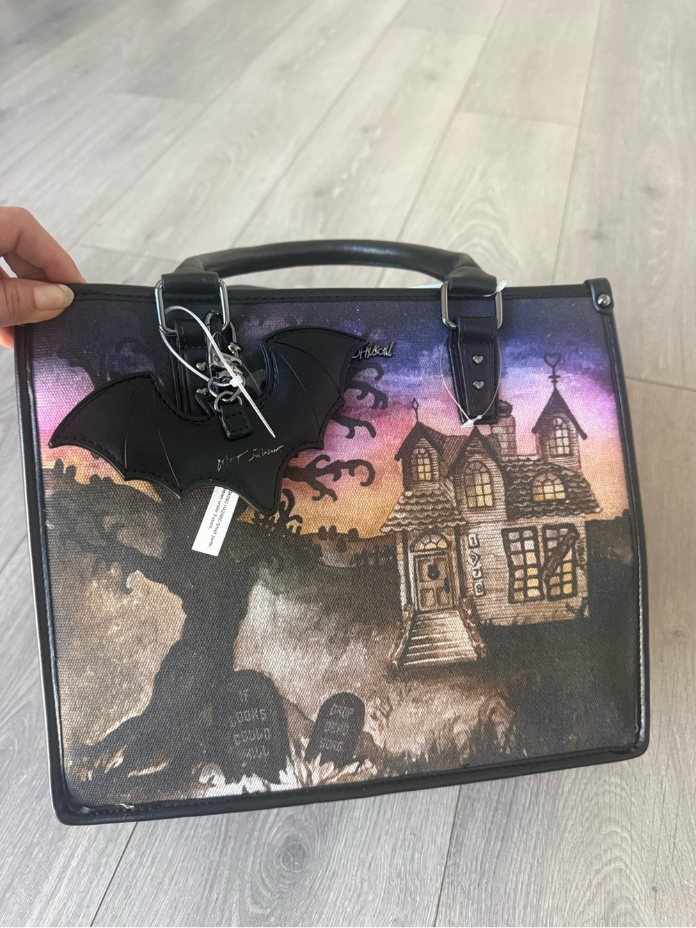 Betsey Johnson Haunted House Satchel in Purple, Pink, Black